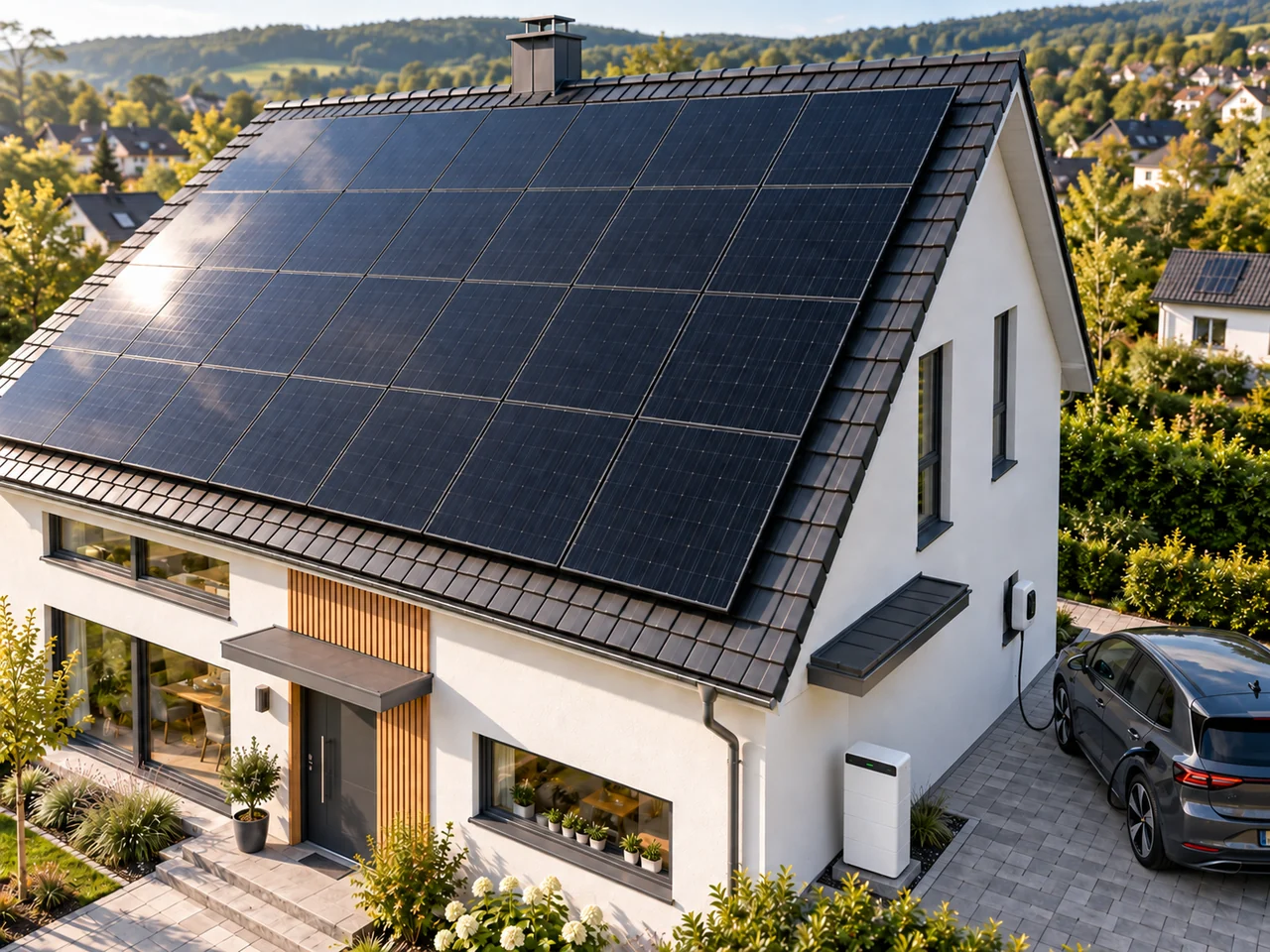 Solarmodule im Vordergrund auf einem Hausdach in Deutschland, daneben Einfahrt mit Elektroauto an einer Wallbox und Stromspeicher